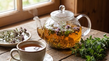 Tetera de vidrio con infusión de orégano y vapor, una taza con infusión, ramas de orégano fresco y seco en un plato, todo sobre una mesa de madera.