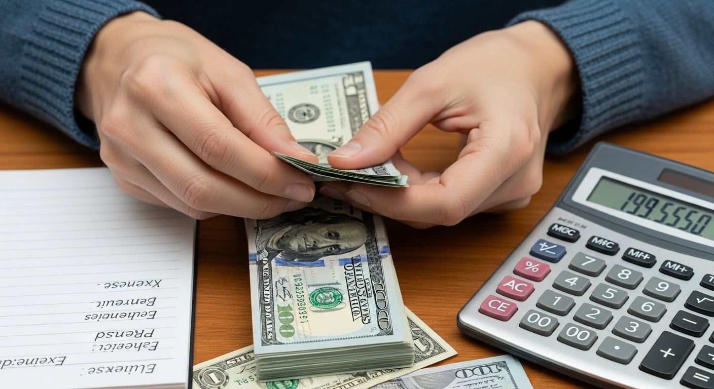 Un primer plano muestra manos adultas contando billetes de dólares estadounidenses sobre una mesa de madera, junto a una calculadora y una libreta de apuntes de gastos para la gestión financiera. (Imagen Ilustrativa Infobae)