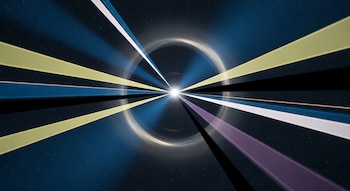 Representación artística de haces de luz de diferentes colores distorsionados alrededor de un agujero negro, formando anillos luminosos en el espacio.