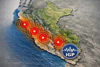 Mapa del Perú con epicentros sísmicos marcados con círculos rojos brillantes y ondas de propagación, y el logotipo del Instituto Geofísico del Perú.