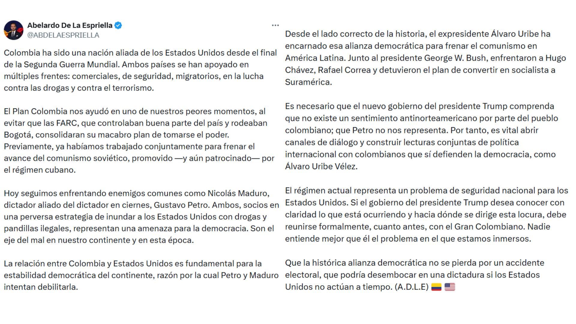 El jurista destacó la relación histórica entre Colombia y EE. UU., criticó a Petro y sugirió un nuevo canal diplomático entre Álvaro Uribe y el gobierno Donald Trump - crédito @ABDELAESPRIELLA/X