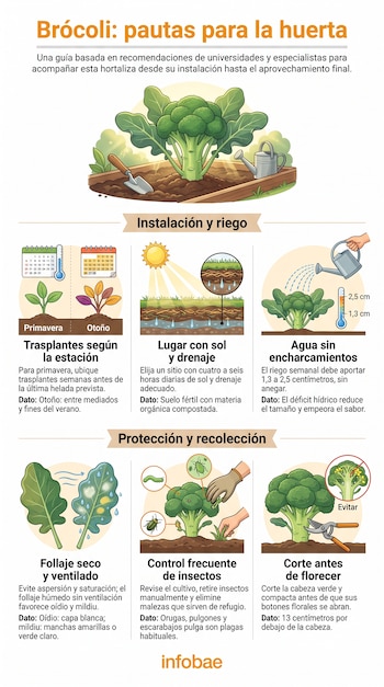 Infografía con ilustraciones de plantas de brócoli, calendarios, riego con regadera, hojas con plagas y tijera de podar.