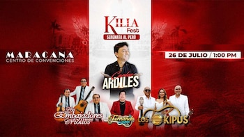 Afiche Killa Fest Serenata al Perú, Maracaná, 26 de julio. Presenta a Carlos Ardiles, Fernando Llomtoy, Los Embajadores Criollos y Los Kipus