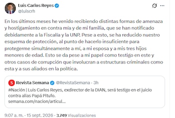 Luis Carlos Reyes denunció hostigamientos tras la confirmación de que participará en el juicio contra alias Papá Pitufo - crédito @luiscrh/X