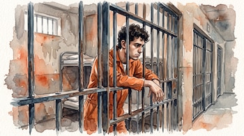 Ilustración en acuarela de un joven con ropa naranja apoyado en los barrotes de una celda.