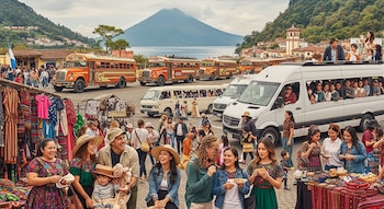 Una calle concurrida en un pueblo guatemalteco con personas, buses coloridos, puestos de mercado, un lago y un volcán al fondo.