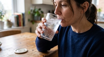 Una persona sostiene un vaso de vidrio con hielo y burbujas frente a su rostro junto a una mesa de madera.