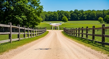 Un dron blanco vuela sobre un camino de tierra. A los lados, cercas de madera. Al fondo, campos verdes, árboles frondosos y un cielo azul claro.