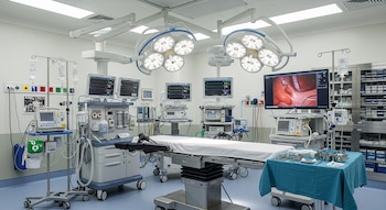 Quirófano con camilla de operaciones, luces de techo, múltiples monitores, equipo de anestesia, bombas de infusión y carro de instrumental quirúrgico.