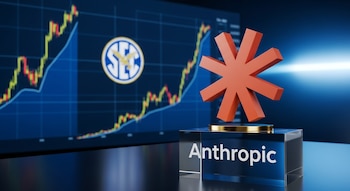 Escultura naranja terracota del logo de Anthropic sobre un pedestal de acrílico transparente con texto "Anthropic". Fondo desenfocado con gráficas bursátiles ascendentes y logo de la SEC.