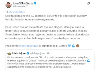 Irene Vélez respondió que durante el Gobierno de Gustavo Petro se trabajó en una línea de financiación para las regiones costeras y sostuvo que esa iniciativa fue desarrollada durante esa administración - crédito @IreneVelezT/X