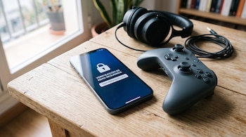 Un teléfono móvil con un candado en pantalla, un mando de videojuegos gris y unos auriculares de diadema sobre una mesa de madera.
