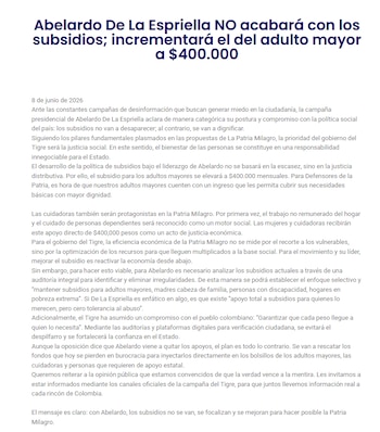 Abelardo de la Espriella incrementará el subsidio del adulto mayor a $400.000 - crédito Defensores de la Patria/Sitio web