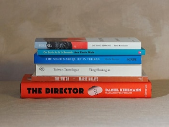 Pila vertical de seis libros. Los lomos son de colores rojo, naranja, blanco, azul, celeste y gris. Se ven sobre una superficie clara con fondo beige