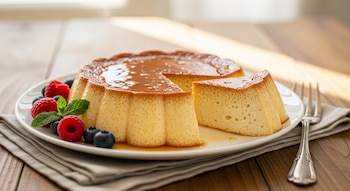 Flan de yogur redondo con caramelo, una porción cortada, frambuesas rojas, arándanos azules y menta verde en un plato blanco sobre una mesa de madera.