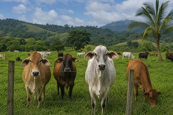 Cuatro vacas están detrás de un cerco de alambre en un campo verde con árboles, colinas y una palmera al fondo.