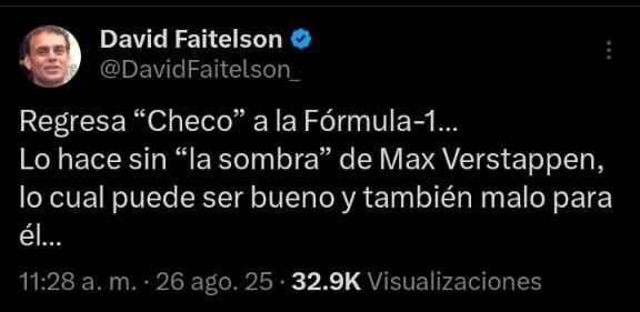 David Failtelson reaccionó al regreso de Checo Pérez a la Fórmula 1 (Captura de pantalla)