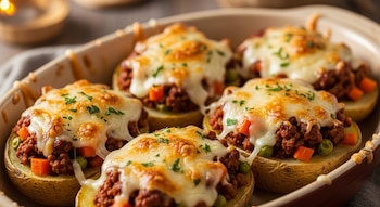 Patatas rellenas de carne molida, guisantes y zanahorias, cubiertas con queso fundido y perejil fresco, en una bandeja para hornear.