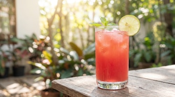 Vaso alto de jugo rojo con hielo, rodaja de limón y hojas de menta, sobre mesa de madera. Fondo borroso de naturaleza con luz solar.