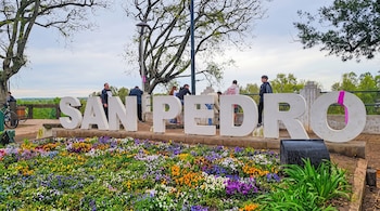 Letras blancas grandes forman la palabra SAN PEDRO detrás de un jardín con flores coloridas y personas de pie al fondo.