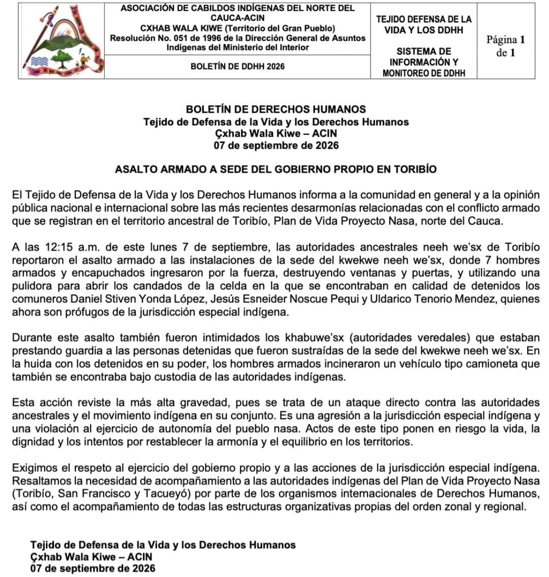 Este fue el boletín de la Acin sobre los hechos ocurridos en Toribío - crédito Asociación de Cabildos Indígenas del Norte del Cauca/X
