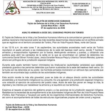 Este fue el boletín de la Acin sobre los hechos ocurridos en Toribío - crédito Asociación de Cabildos Indígenas del Norte del Cauca/X
