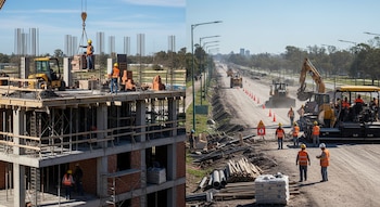 Imagen dividida mostrando obreros en un edificio en construcción con grúa y excavadora, y trabajadores en una ruta en obras con maquinaria pesada.