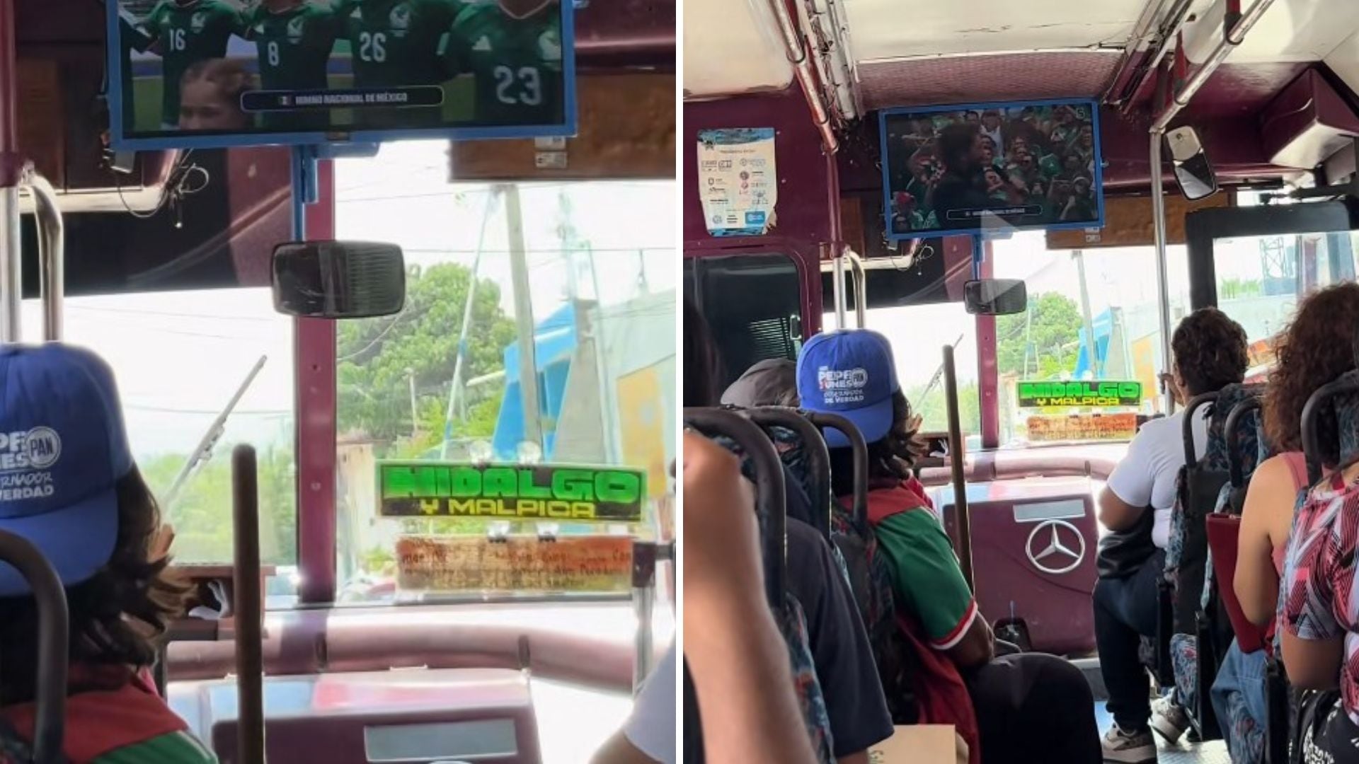 Los pasajeros no quisieron perderse el partido entre México y Sudáfrica y aprovecharon la televisión instalada en la unidad.