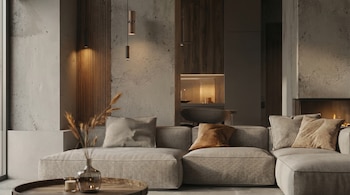 Salón moderno con sofá modular gris claro, paredes de hormigón y paneles de madera. Incluye iluminación colgante, una mesa de centro con jarrón y una chimenea encendida al fondo.