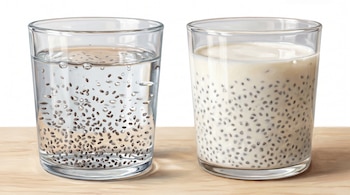 Dos vasos transparentes sobre una mesa de madera; uno contiene agua con semillas de chía y el otro presenta un pudín de chía en leche.
