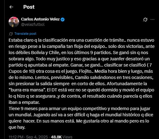 Como fue habitual en el camino al Mundial de Norteamérica, Carlos Antonio criticó a Néstor Lorenzo - crédito @velezfutbol / X