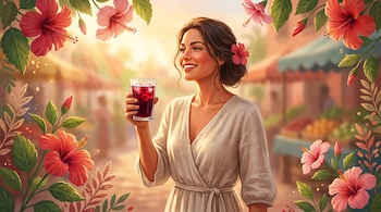 Ilustración de una mujer con cabello oscuro y un vestido claro, sonriendo mientras sostiene un vaso de agua de jamaica con hielo, rodeada de flores de hibisco.