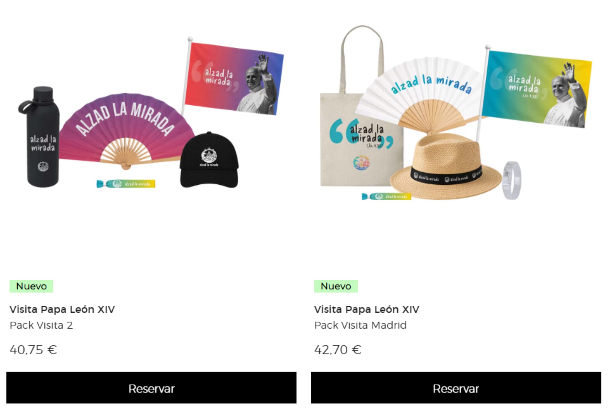 Packs con varios productos de merchandising de la visita del Papa León XIV.