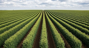 Vistas do ar ou do alto, milhares de pequenas árvores plantadas em longas fileiras retas no chão escuro, sob um céu com nuvens dispersas.