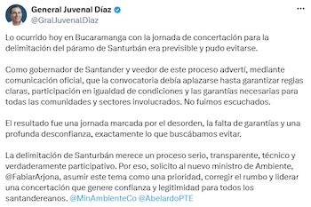 O governador do Santander explicou porque considera necessário adiar a segunda mesa de negociações. - crédito @GralJuvenalDiaz/X