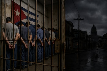 Hombres esposados tras los barrotes de una celda con la bandera de Cuba, junto a una calle oscura con postes eléctricos y una cúpula al fondo.