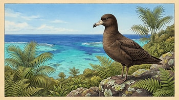 Ilustración de un ave marina de plumaje pardo sobre rocas con líquenes, rodeada de helechos y palmeras frente a un mar turquesa y azul.
