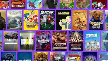 Una cuadrícula de veinticuatro carátulas de videojuegos sobre fondo morado. Incluye títulos como Hogwarts Legacy, Sonic Mania y Fallout 4