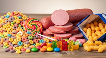 Primer plano de cereales de colores, chupete, gominolas, caramelos, embutidos en rodajas y snacks de queso en un paquete abierto, todo sobre una mesa de madera.