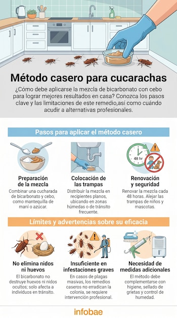 Infografía con ilustraciones de una cocina, cucarachas, mano enguantada con cebo, e iconos que detallan los pasos y limitaciones del método casero para plagas.