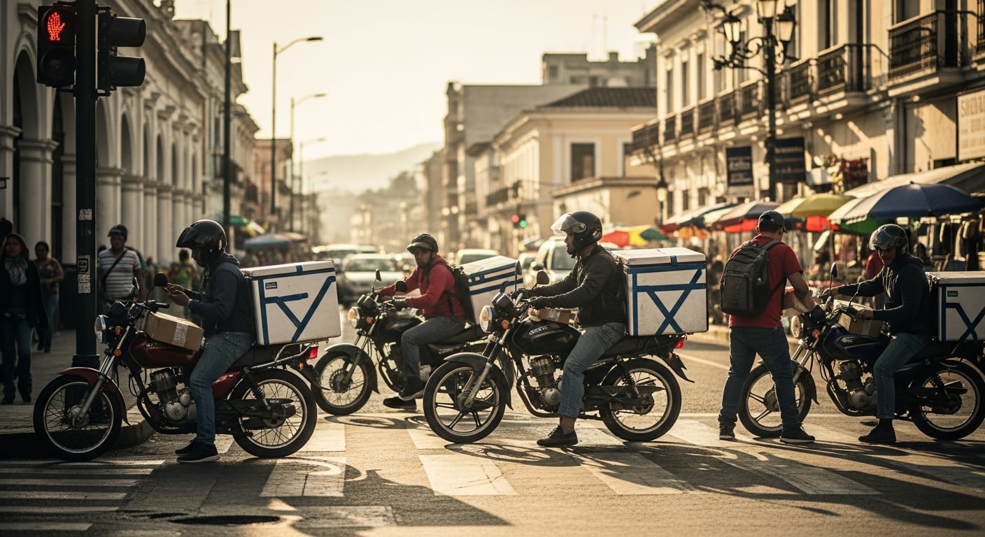 Repartidores de comida y encomiendas en motocicleta esperan en un cruce vial, listos para continuar sus entregas en una calle de Guatemala. (Imagen Ilustrativa Infobae)