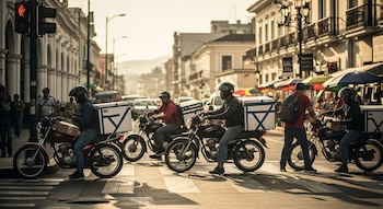 Cinco repartidores en motocicleta con cajas de entrega esperan en un cruce vial de una ciudad, con edificios, semáforos y personas de fondo.