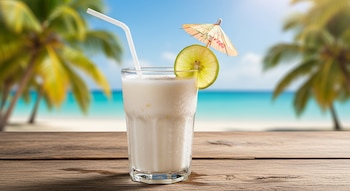 Un vaso de agua de coco cremosa con una pajita blanca, una rodaja de lima y una sombrilla decorativa, sobre una mesa de madera con un fondo de playa.