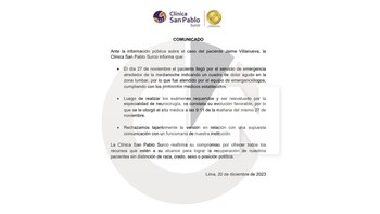 Clínica San Pablo niega coordinación