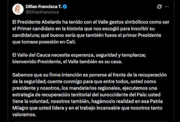 Dilian Francisca Toro respaldó que Cali reciba la posesión presidencial y destacó que Abelardo de la Espriella inscribió allí su candidatura - crédito X