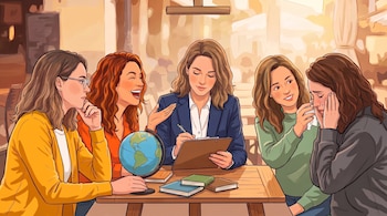 Ilustración de cinco mujeres alrededor de una mesa con libros, un globo terráqueo y un cuaderno, cada una con una expresión diferente.