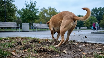 Perro marrón claro de espaldas rascando el suelo con patas traseras en un parque. Hay tierra removida, hojas, césped, acera, bancos y árboles.