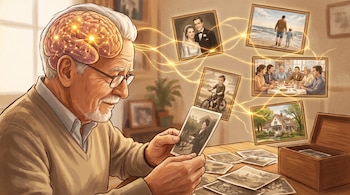 Ilustración de un anciano sonriendo, con gafas y barba blanca, sosteniendo una foto. Su cerebro muestra conexiones luminosas a fotos flotantes de recuerdos.