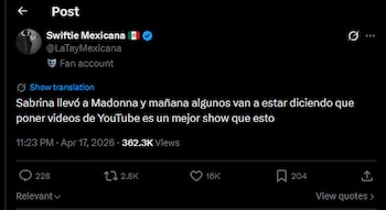 Captura de pantalla de un tweet en modo oscuro de "Swiftie Mexicana" sobre Sabrina Carpenter y Madonna, con 362.3K vistas y opciones de interacción