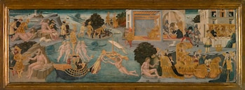 Pintura alargada en un marco dorado que contiene múltiples escenas con figuras humanas desnudas y vestidas, barcos, arquitectura y un paisaje acuático y terrestre